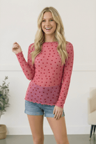 sheer mesh top, pink heart shirt, long sleeve mesh top, heart print top, lettuce edge shirt, layering mesh top, Valentine's Day top, coquette aesthetic clothing, pink sheer blouse, women's heart print clothing