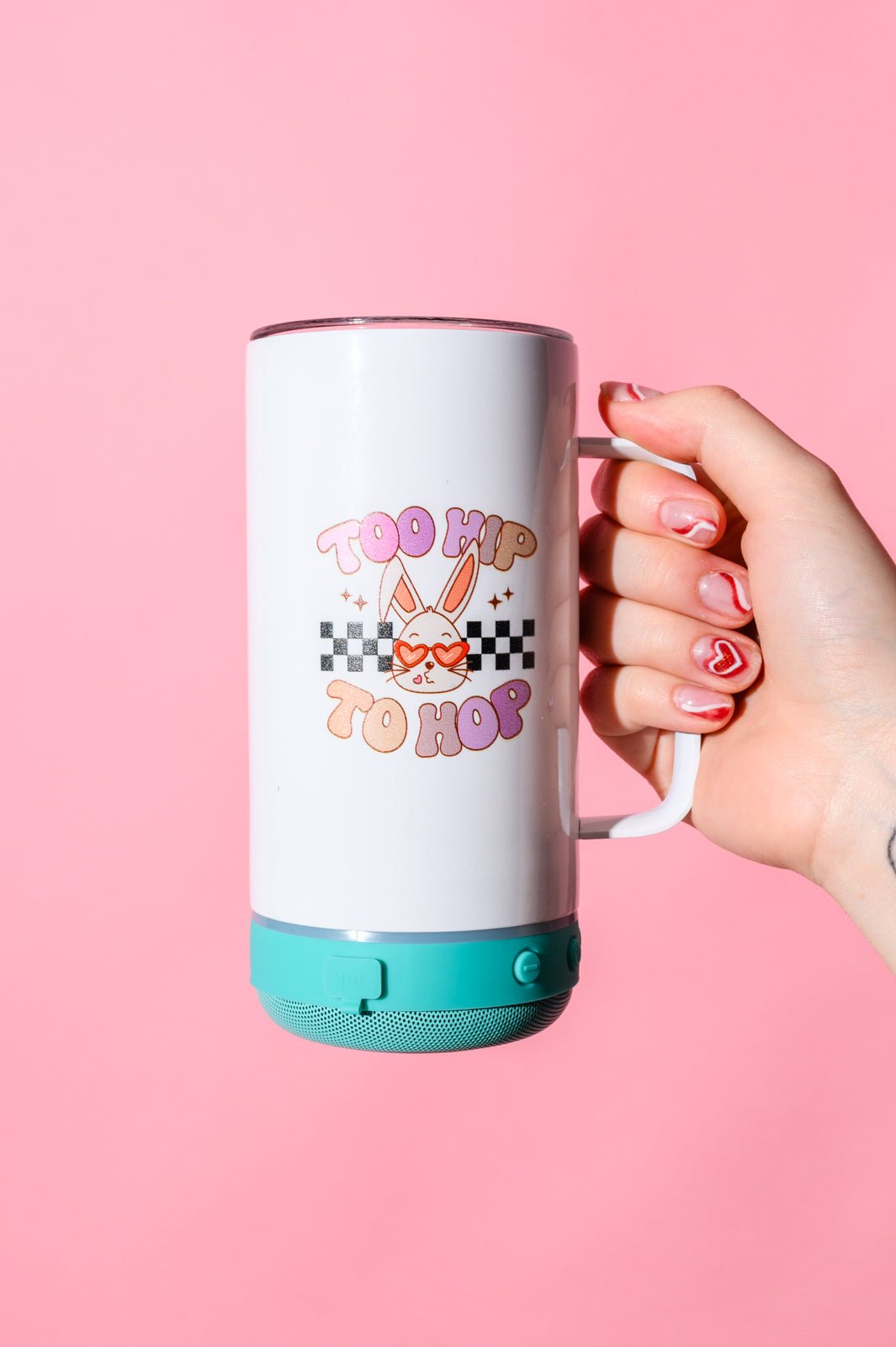 speaker tumbler, Bluetooth water bottle, insulated music cup, 14oz travel mug, too hip to hop, stainless steel tumbler, wireless speaker bottle, portable music tumbler, Easter bunny tumbler