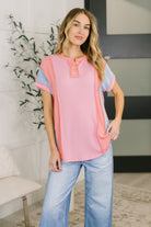 Color Block Top, Ribbed Henley, Women’s Short Sleeve Knit, Exposed Seam Shirt, Cable Knit Top, Modern Casual Fashion, High Stretch Top, Pastel Color Block.