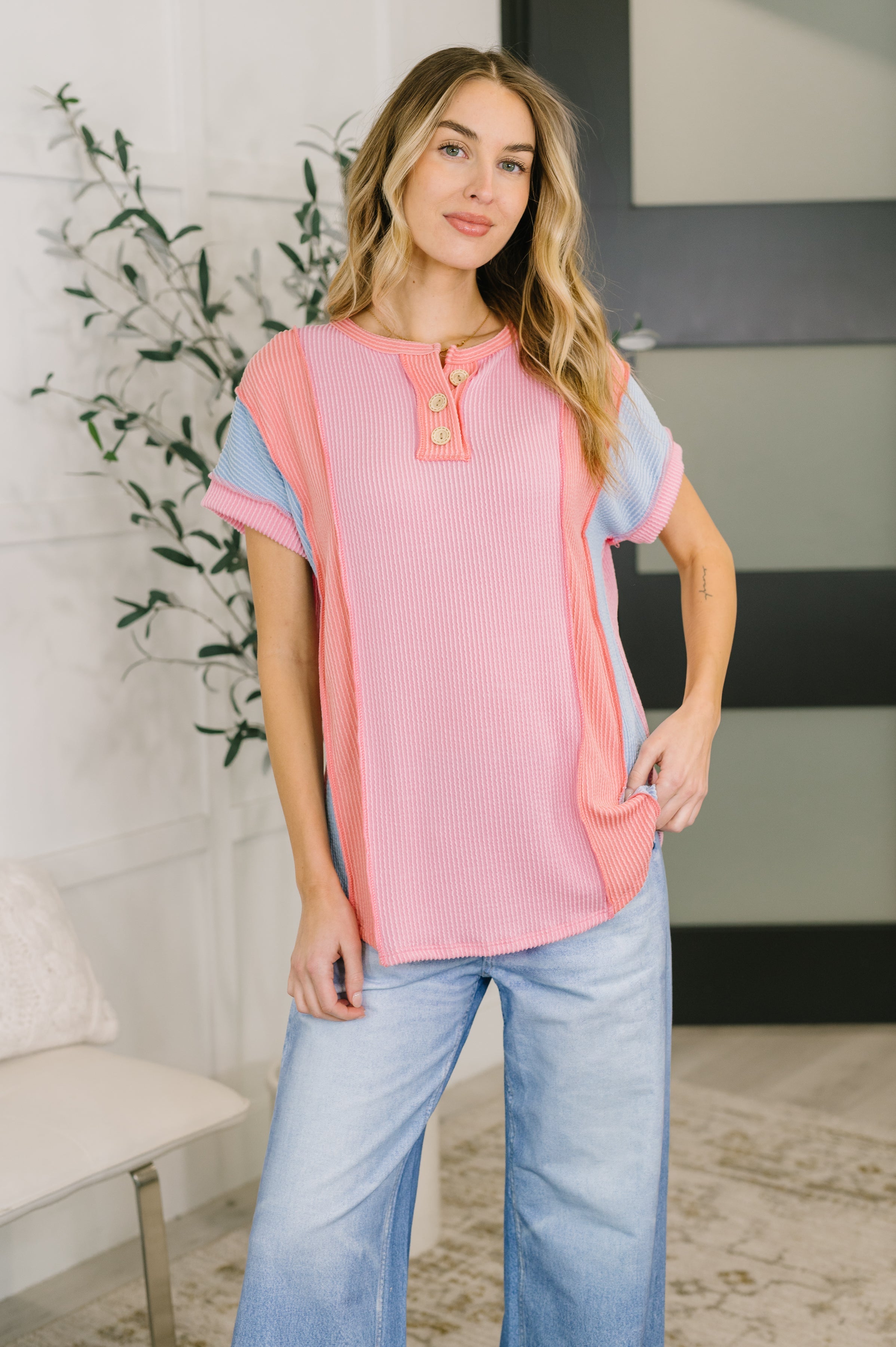Color Block Top, Ribbed Henley, Women’s Short Sleeve Knit, Exposed Seam Shirt, Cable Knit Top, Modern Casual Fashion, High Stretch Top, Pastel Color Block.
