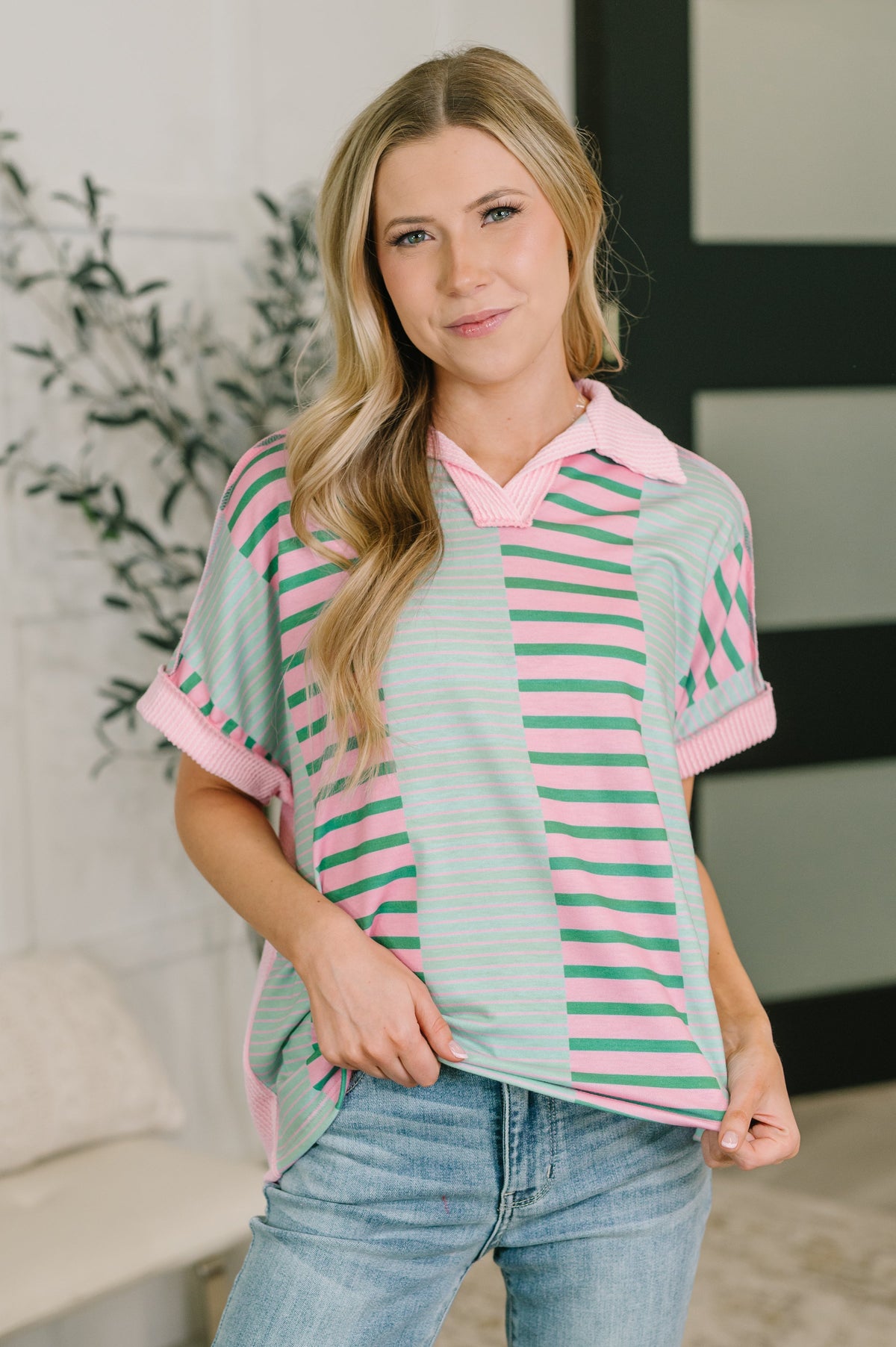 Color Block Top, Collared Knit Shirt, French Terry Top, Striped Women's Polo, Relaxed Fit Knit, Split Neck Top, Boutique Fashion, Cable Knit Top, Modern Casual Wear.