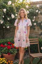 holographic pink dress, iridescent mini dress, star patch dress, pink babydoll dress, festival outfit, glitter star clothing, puff sleeve party dress
