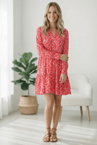 floral mini dress, long sleeve floral dress, tiered skirt dress, cherry blossom print, women’s boutique dresses, casual brunch dress, red floral dress, feminine spring fashion