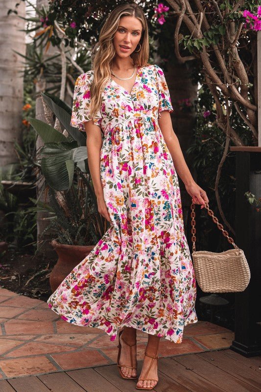 floral maxi dress, high waist dress, V-neck summer dress, short sleeve maxi, feminine floral dress, Viscose maxi dress, elegant women's dress, boho chic maxi