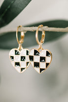 checkered heart earrings, heart huggie earrings, gold dangle earrings, enamel jewelry, retro heart earrings, black and white earrings, lightweight huggies, trendy heart jewelry
