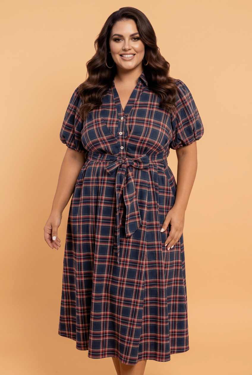 Plus size plaid dress, V-neck midi dress, belted plus size dress, women's plaid casual dress, curvy fashion dress, puff sleeve plus size dress, timeless plaid outfit.