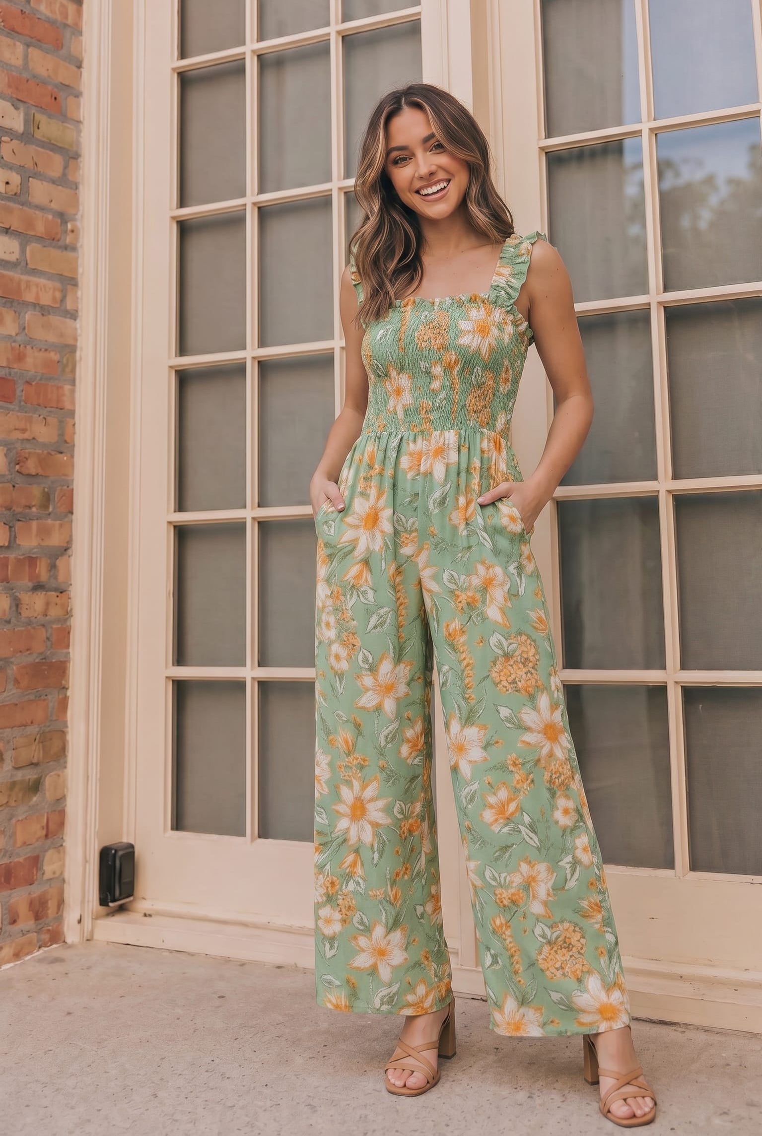 Sage green floral jumpsuit, wide leg jumpsuit with pockets, smocked floral jumpsuit, garden party outfit, summer wedding guest jumpsuit, boho floral romper, women's sage green jumpsuit.