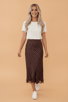 polka dot midi skirt, lace hem skirt, brown midi skirt, viscose skirt, women's spring fashion, elegant slip skirt, polka dot apparel, fall fashion trends.