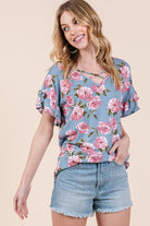 Floral sweater top, ruffle sleeve top, V-neck light sweater, criss-cross neck top, Made in USA women's clothing, feminine floral knit, short sleeve light sweater, boutique floral tops.
