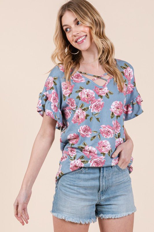 Floral sweater top, ruffle sleeve top, V-neck light sweater, criss-cross neck top, Made in USA women's clothing, feminine floral knit, short sleeve light sweater, boutique floral tops.
