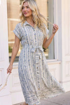 floral midi dress, button down dress, cottagecore fashion, garden party dress, blue striped dress, summer midi dress, tie waist dress, women's floral dress, boutique midi dress