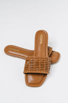 cognac woven sandals, square toe slides, women's slip on sandals, tan woven flats, summer slide sandals, comfortable woven sandals, Muni PU footwear, cognac slides