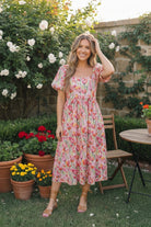 Floral midi dress, tulip print dress, puff sleeve midi, garden party outfit, watercolor floral dress, pocketed midi dress, spring brunch dress
