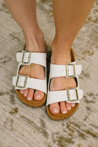 White double buckle slides, women's cork sole sandals, white platform slides, adjustable buckle sandals, vegan leather slides, summer footwear for women, comfortable white sandals, Jete slides white.