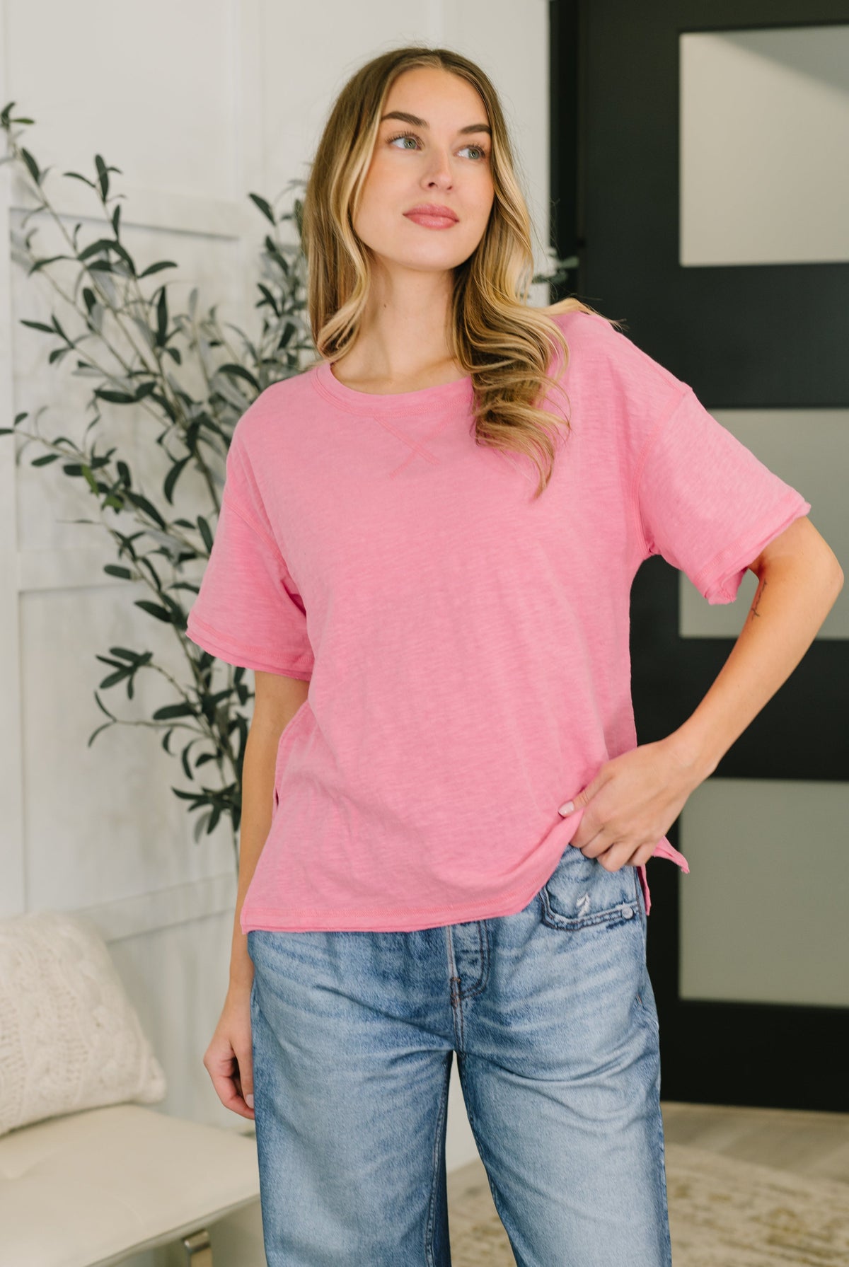 candy pink tee, boxy t-shirt, women's cotton jersey top, heathered pink shirt, relaxed fit tee, drop shoulder top, 100% cotton tee, exposed seam t-shirt, casual chic apparel