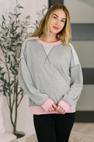 grey french terry pullover, pink contrast trim sweatshirt, cable knit accent sweater, women's casual loungewear, drop shoulder pullover grey, stretchy french terry top, boutique lounge style, Midnight Cravings pullover
