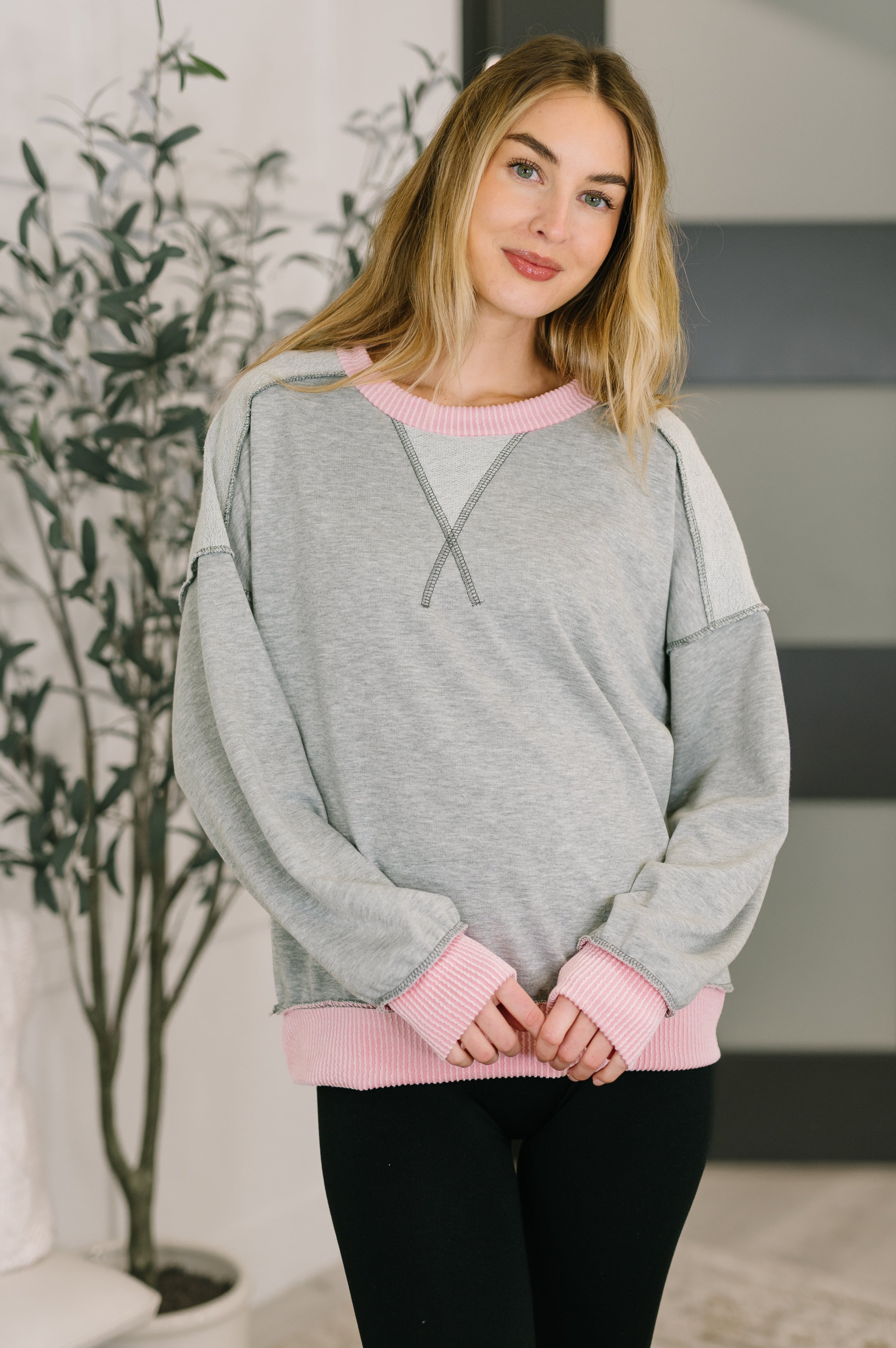 grey french terry pullover, pink contrast trim sweatshirt, cable knit accent sweater, women's casual loungewear, drop shoulder pullover grey, stretchy french terry top, boutique lounge style, Midnight Cravings pullover