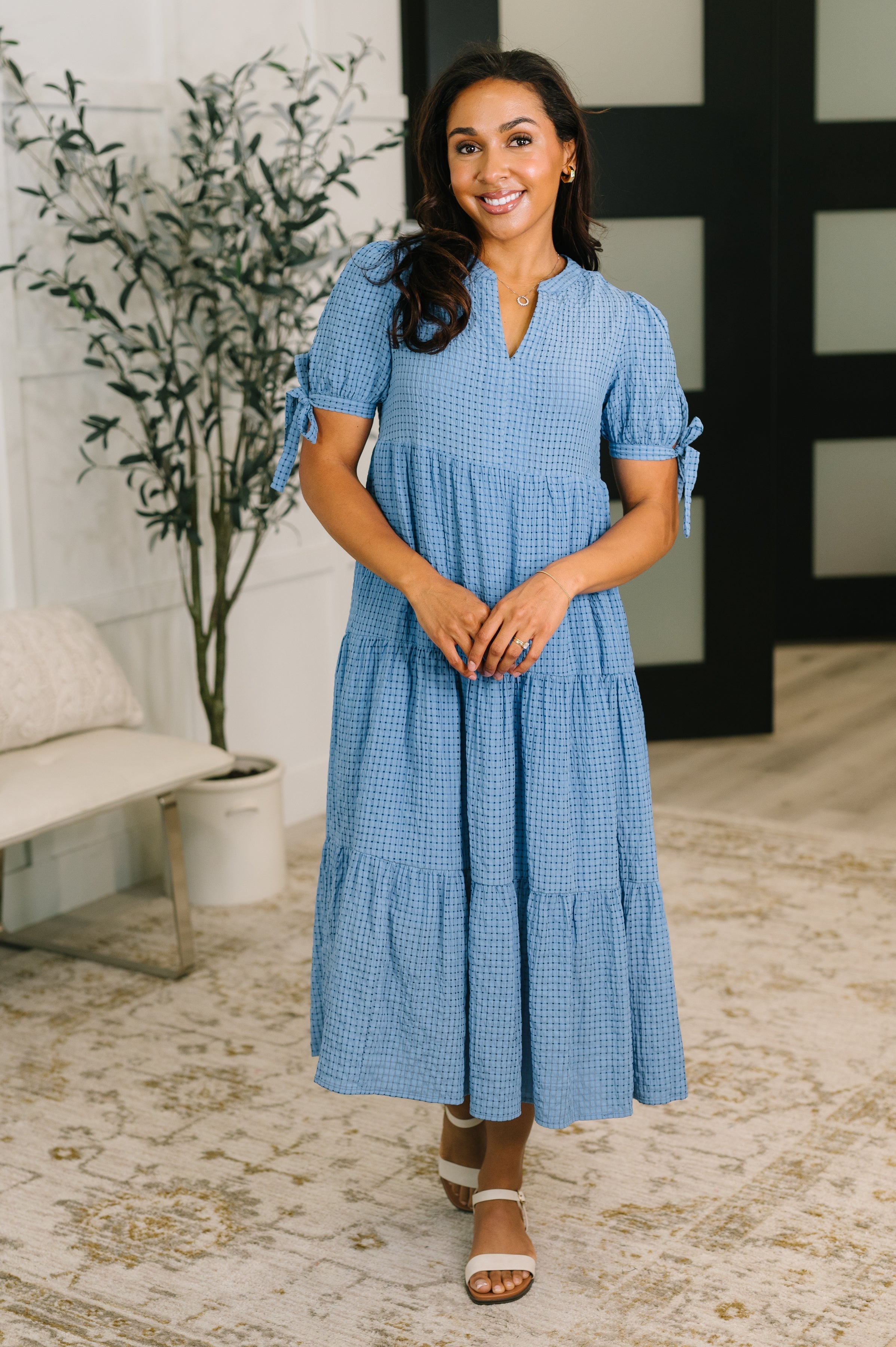 Tiered midi dress, crinkle woven dress, blue V-neck dress, effortless style dress, structured midi dress, modest tiered dress, women's midi dresses, Fabknits dress, tie-sleeve dress.
