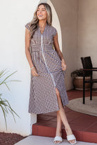 Gingham maxi dress, plaid summer dress, zipper front dress, cinched waist maxi, sleeveless plaid dress, garden party outfit, women's summer fashion, cotton blend maxi, flattering smocked waist dress. Gingham maxi dress, plaid summer dress, zip front dress, cotton maxi dress, elastic waist dress, breathable summer fashion, garden party outfit, women's sleeveless maxi.