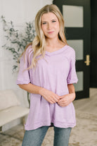 Lilac V-neck tee, women’s relaxed fit shirt, cotton heathered knit top, lavender casual t-shirt, drop shoulder tee, effortless summer style, purple cotton basics.