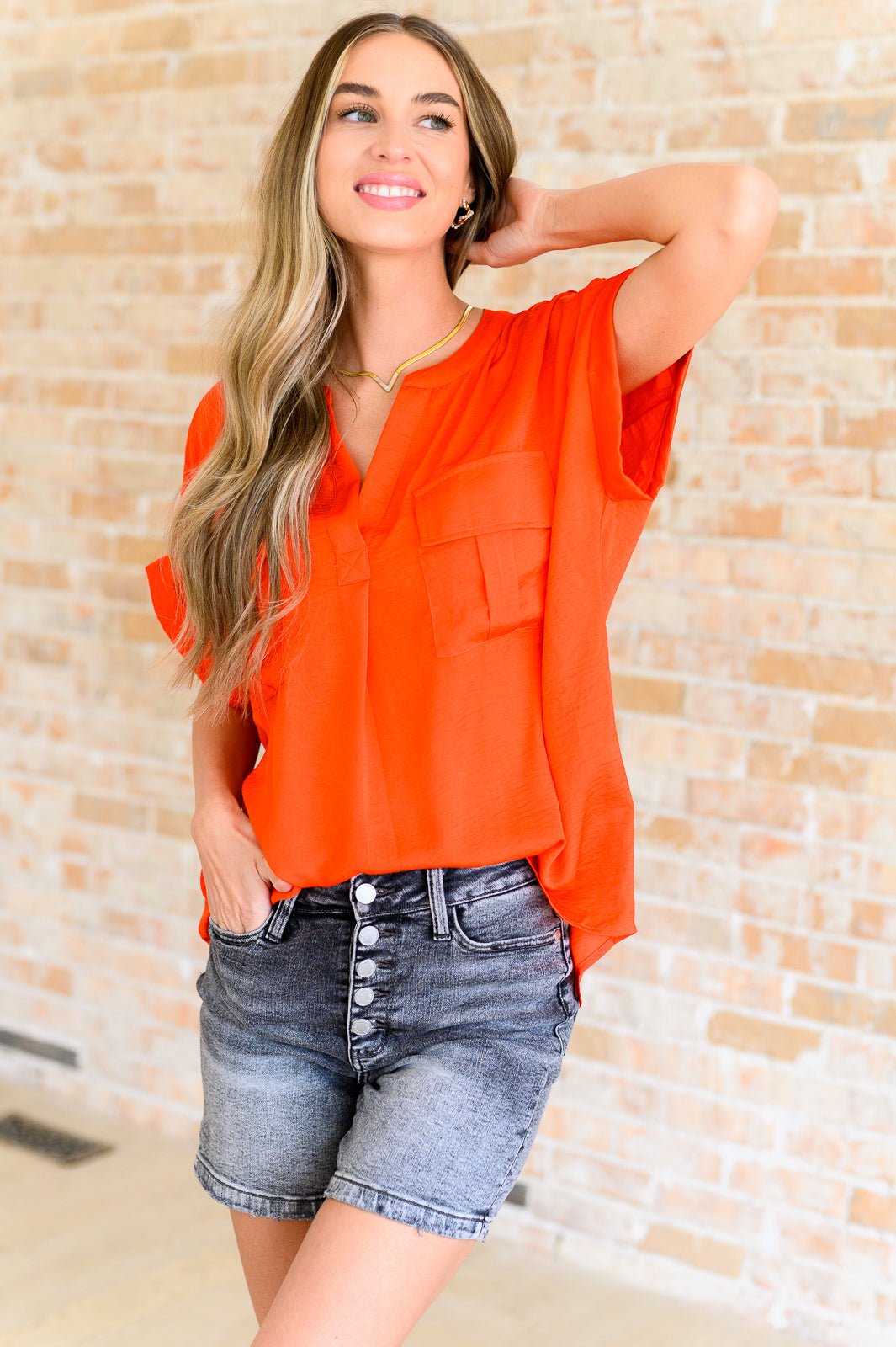 tomato red blouse, cargo pocket top, oversized red shirt, lightweight woven blouse, dolman sleeve top, women's utility blouse, vibrant red top, gabby neckline shirt