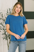 Ocean blue blouse, balloon sleeve top, cable knit shirt, ribbed knit blouse, women's professional tops, casual chic blue top, Grace & Virtue clothing.
