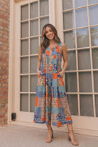 patchwork jumpsuit, boho wide leg jumpsuit, vintage print jumpsuit, floral halter jumpsuit, summer festival outfit, women's midi jumpsuit, bohemian fashion, lightweight summer romper