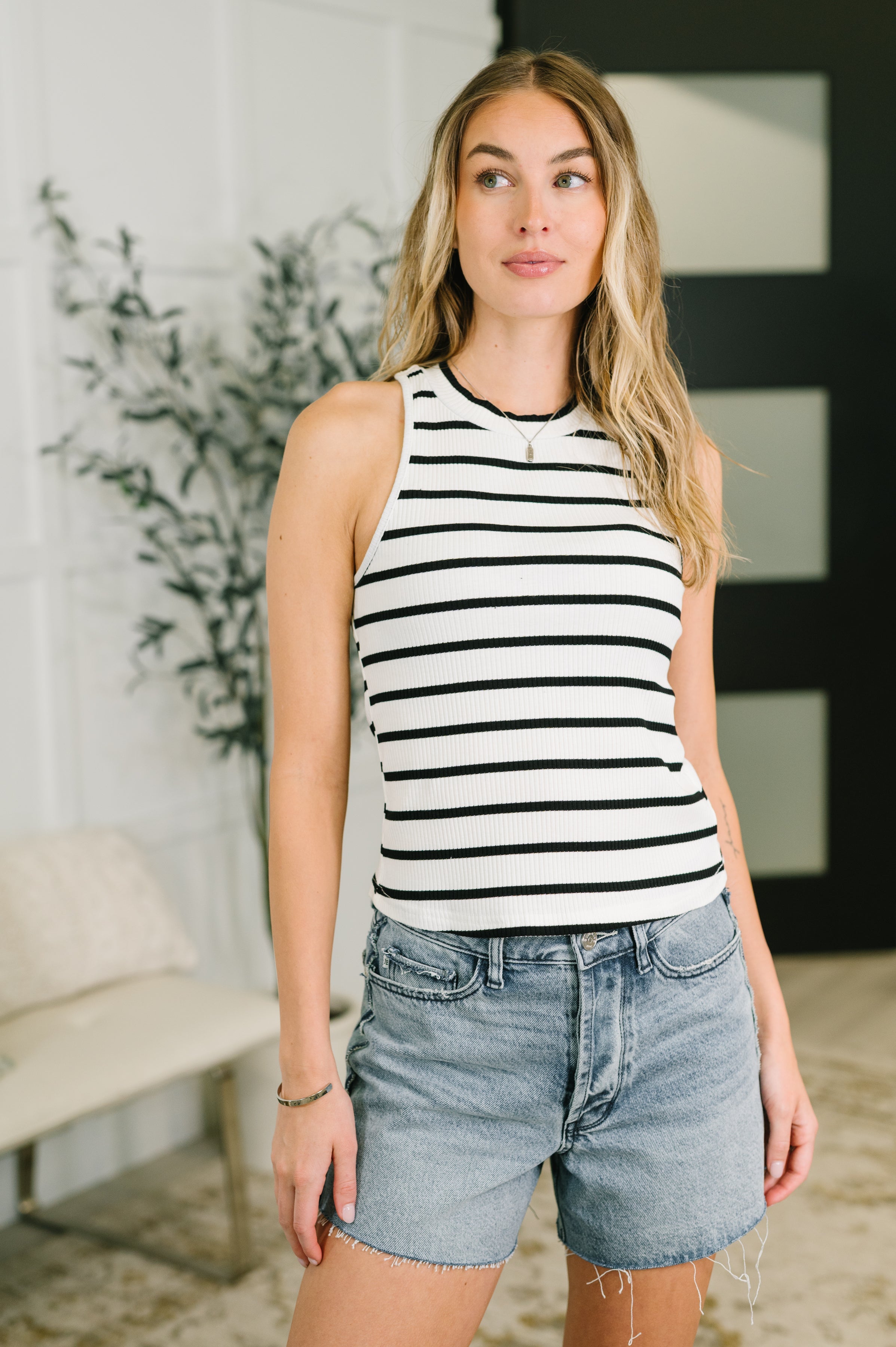 Ribbed Halter Tank, Striped Tank Top, Cotton Knit Tank, Women's Halter Top, Fitted Ribbed Tank, Sleeveless Sweater Knit, Summer Basics, Chic Halter Neck, Striped Knit Top.