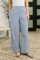 high waisted pants, wide leg bottoms, women's lounge pants, pinstripe woven pants, relaxed fit trousers, breathable cotton blend, casual high waist pants, chic loungewear