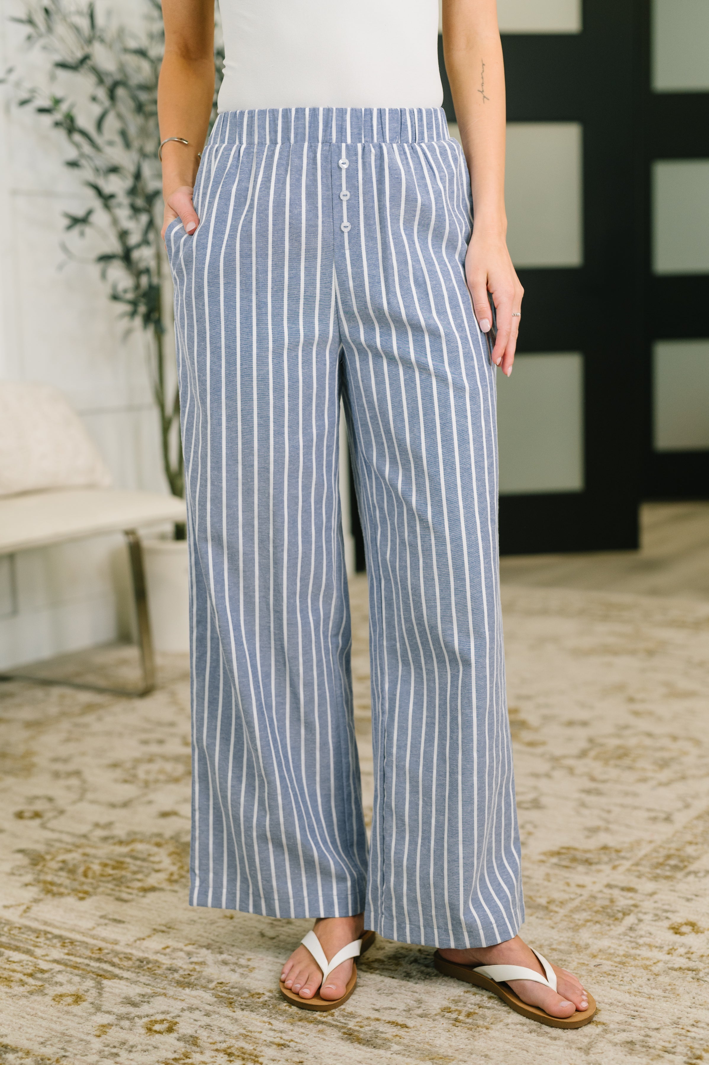 high waisted pants, wide leg bottoms, women's lounge pants, pinstripe woven pants, relaxed fit trousers, breathable cotton blend, casual high waist pants, chic loungewear