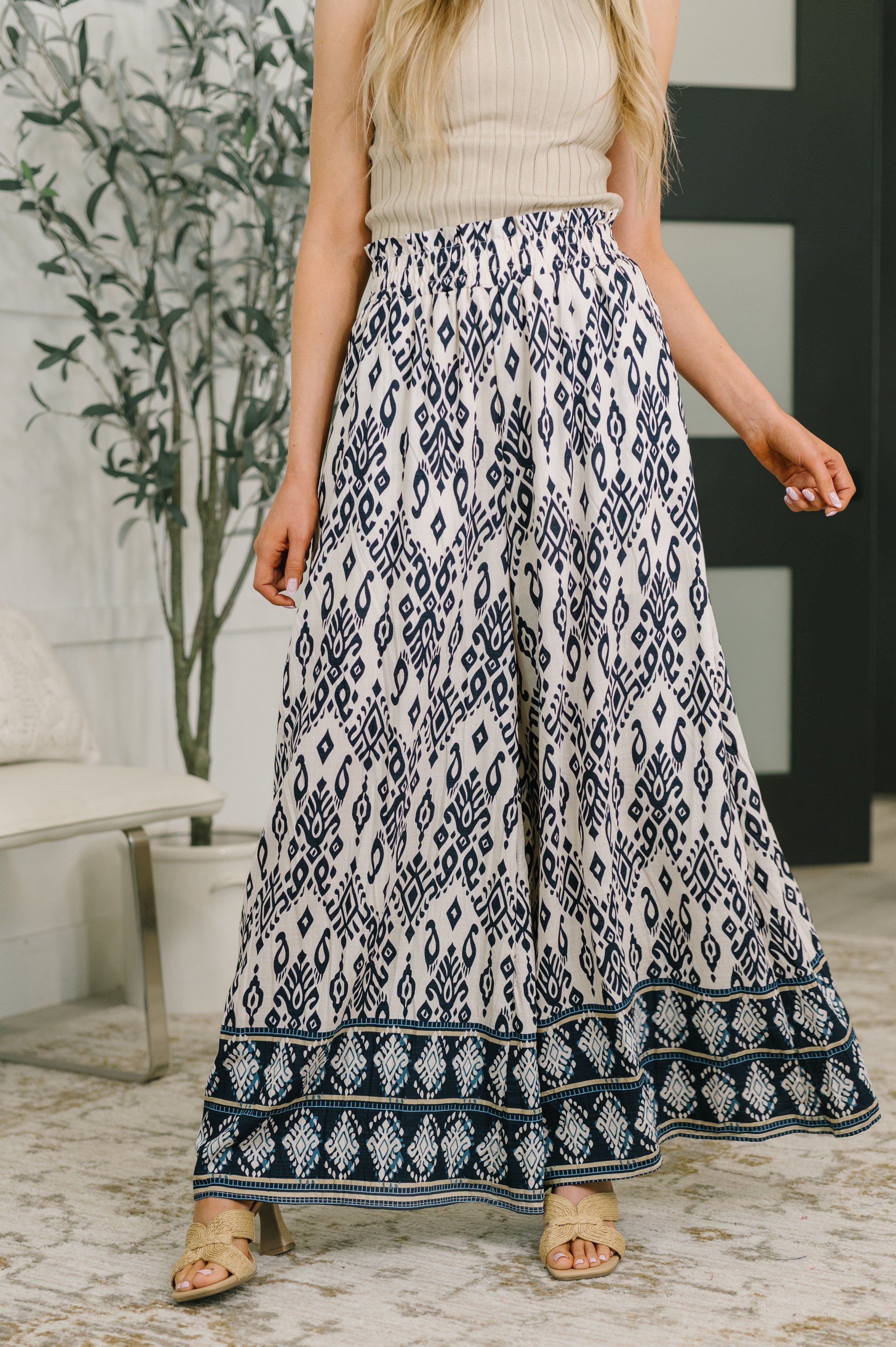 Boho wide leg pants, high waisted palazzo pants, ikat print bottoms, summer bohemian trousers, flowy woven pants, women's boho style, breathable summer pants, chic wide leg trousers.