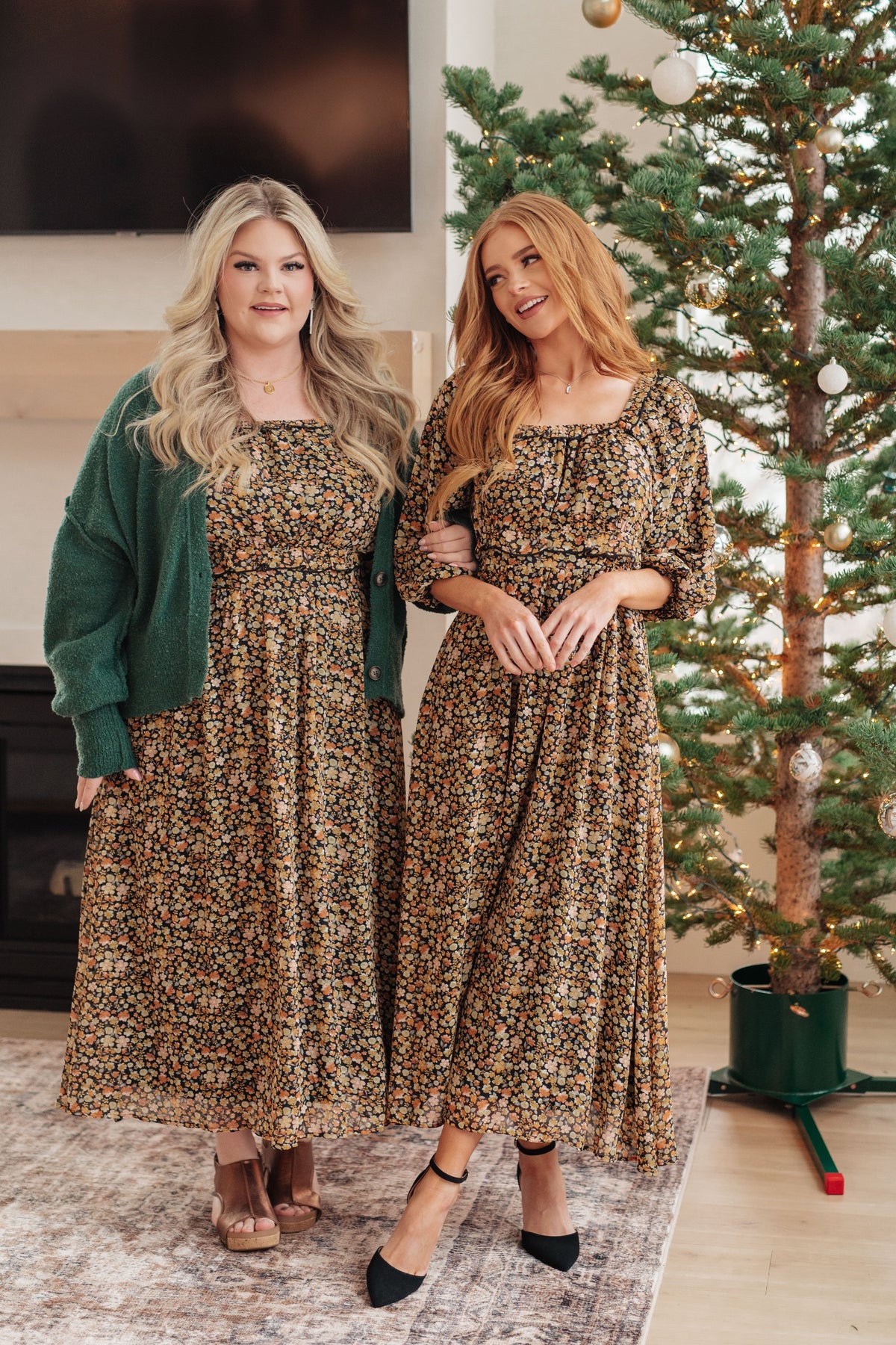 Floral maxi dress with ditsy print, square neckline, and 3/4 length sheer sleeves.
