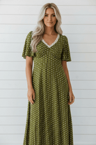 boho maxi dress, olive green polka dot dress, lace trim v-neck dress, smocked back maxi, breathable viscose dress, flutter sleeve summer dress, cottagecore style dress