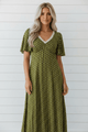 boho maxi dress, olive green polka dot dress, lace trim v-neck dress, smocked back maxi, breathable viscose dress, flutter sleeve summer dress, cottagecore style dress