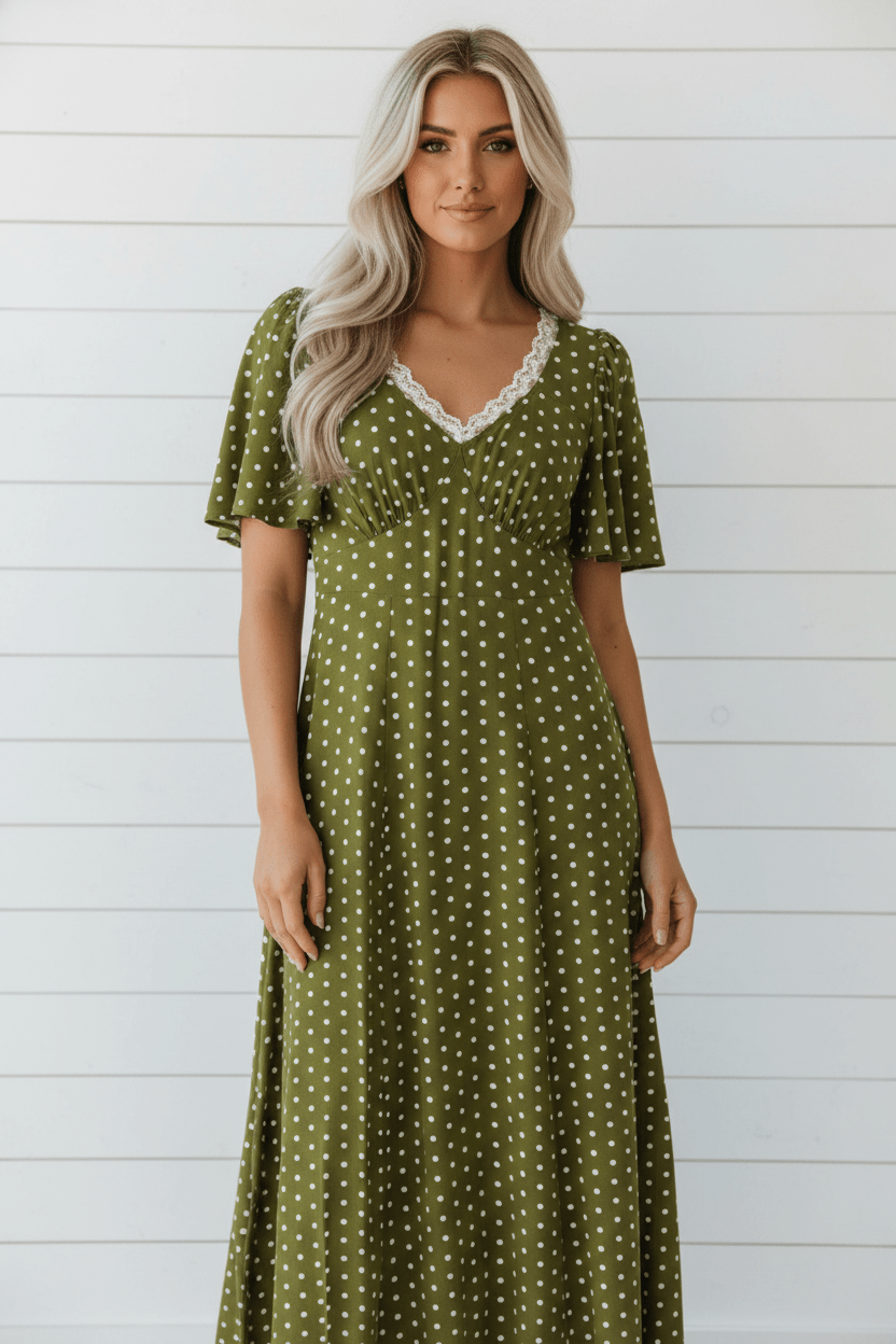 boho maxi dress, olive green polka dot dress, lace trim v-neck dress, smocked back maxi, breathable viscose dress, flutter sleeve summer dress, cottagecore style dress