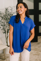 Royal blue blouse, split neck top, Bulgari fabric shirt, stretchy office wear, women's designer blouse, Lizzy Bloom top, vibrant blue workwear, comfortable dress shirt women.