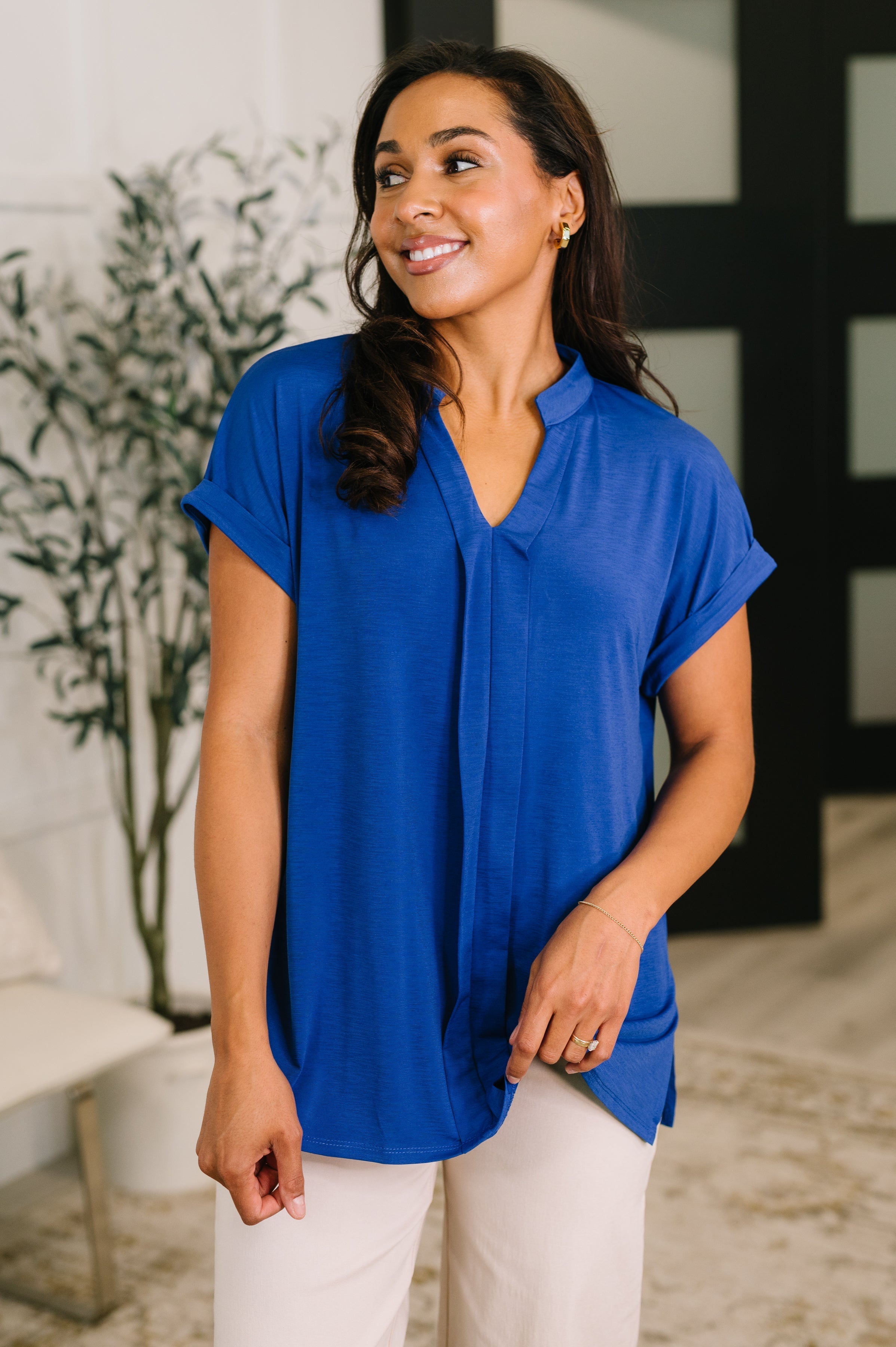 Royal blue blouse, split neck top, Bulgari fabric shirt, stretchy office wear, women's designer blouse, Lizzy Bloom top, vibrant blue workwear, comfortable dress shirt women.