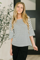 striped boatneck tee, high stretch jersey top, drop shoulder shirt, relaxed fit women's tee, effortless style clothing, comfortable knit top, breathable striped shirt, casual chic basics.