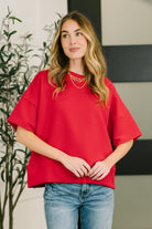 ruby red top, ribbed knit shirt, boxy fit top, drop shoulder knit, women’s stretch top, casual chic apparel, short sleeve knit top, Sense of Clarity top