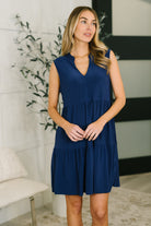 Navy tiered dress, sleeveless tank dress, V-neck summer dress, women's dress with pockets, Bulgari fabric dress, flowy navy dress, casual tiered dress, FabKnits clothing.