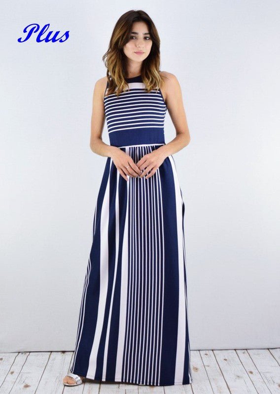 Plus size maxi dress, striped maxi dress with pockets, USA made women's clothing, slimming striped dress, navy white maxi, comfortable plus size fashion, summer maxi dress.