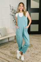 dusty teal jumpsuit, spaghetti strap romper, jersey knit jumpsuit, women's one piece, casual travel jumpsuit, pocket jumpsuit, teal loungewear, comfortable jumpsuit for women