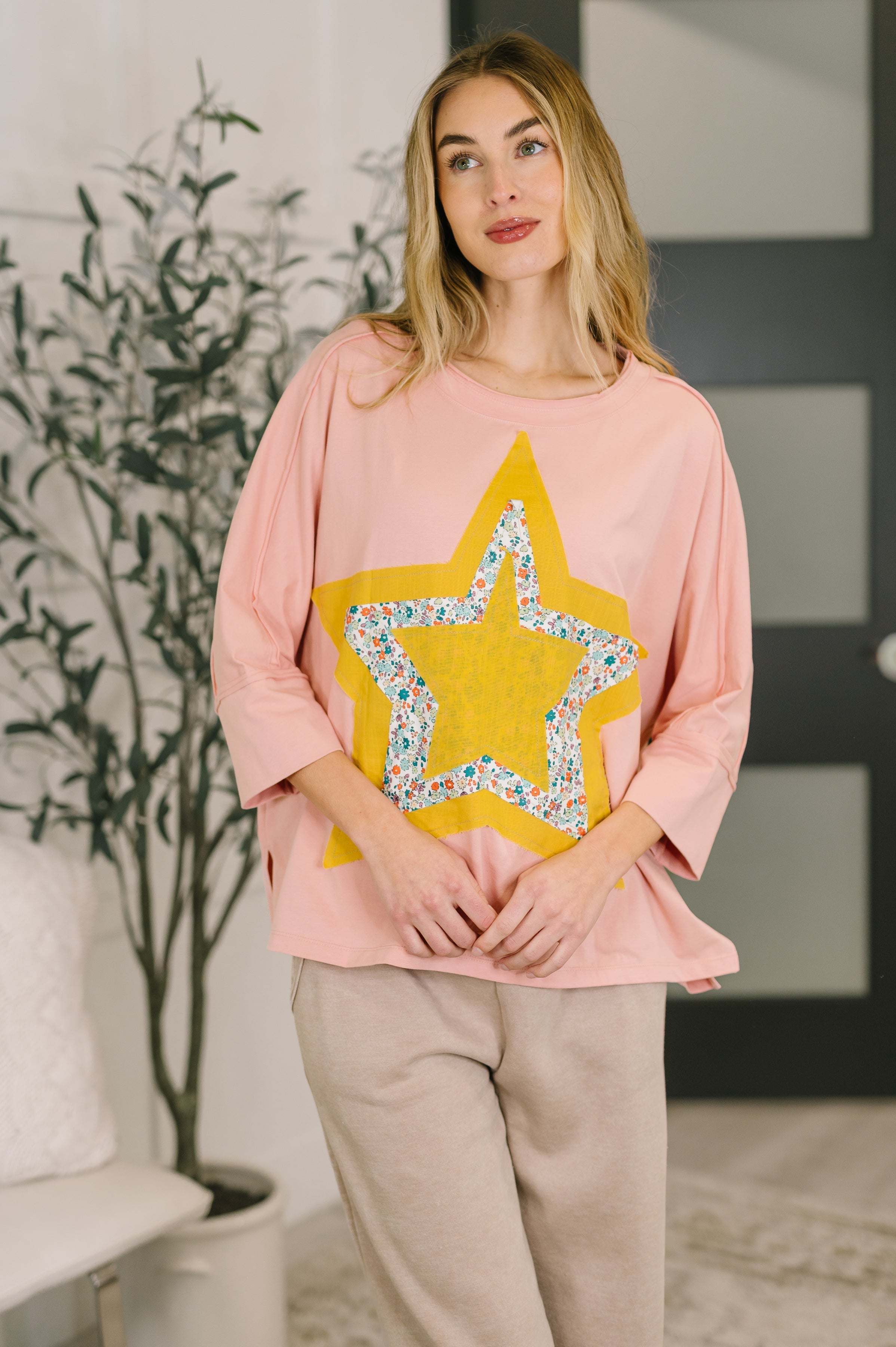 Star patch top, mixed print shirt, cotton dolman sleeve, edgy women's fashion, raw seam top, boutique apparel, casual chic top, pink star sweater