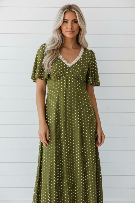 Boho maxi dress, polka dot dress,  waist dress, lace V-neck dress, olive green maxi, summer boho fashion, 100% viscose dress, flowy feminine dress.