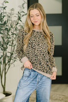 leopard print top, animal print sweatshirt, textured knit top, women's puff sleeve top, gathered shoulder top, cheetah print blouse, casual wild style, leopard knit sweater