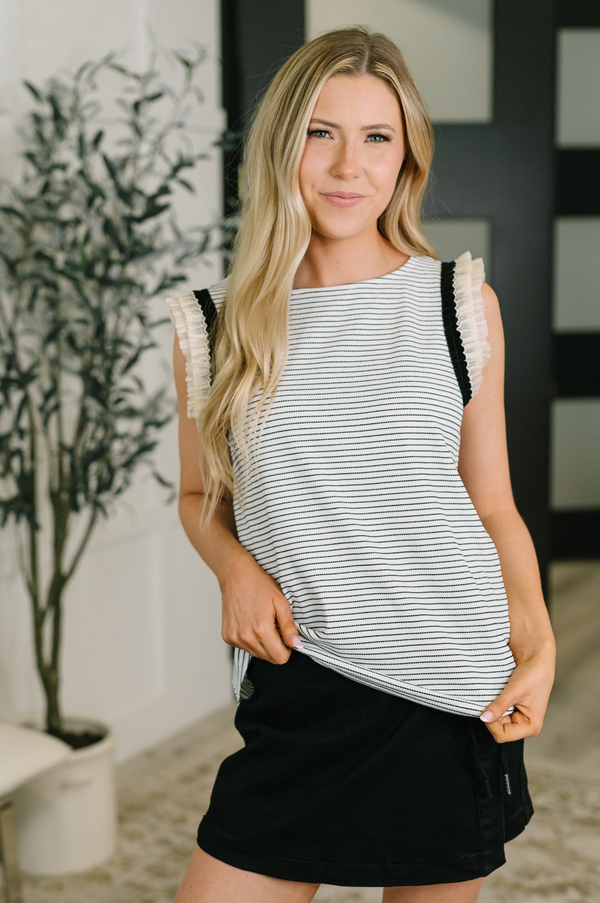Striped waffle knit blouse, ruffle sleeve top, boatneck blouse, women's stretch top, elegant casual blouse, textured knit shirt, ruffled cuff top, FabKnits clothing.