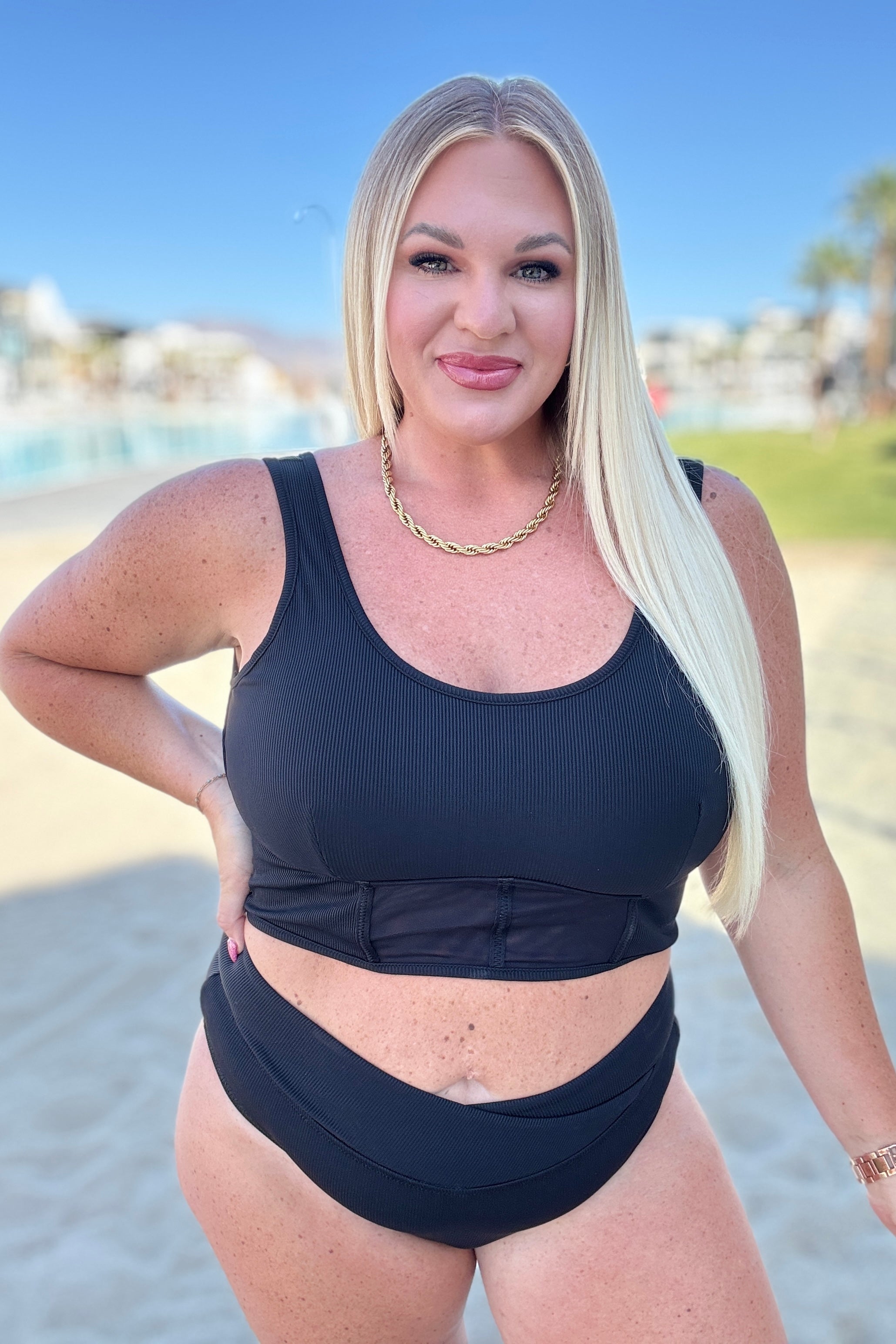 ribbed bikini, mesh swimsuit, black two piece, V-waist bikini bottoms, cheeky swimwear, supportive bikini top, women's beachwear, chic black swimsuit