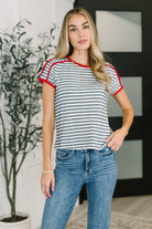 Women's Striped Tee, French Terry Top, Navy White Stripes, Casual Summer Shirt, High Stretch Knit, Red Trim Tee, Nautical Style Shirt, Comfortable Casual Wear.