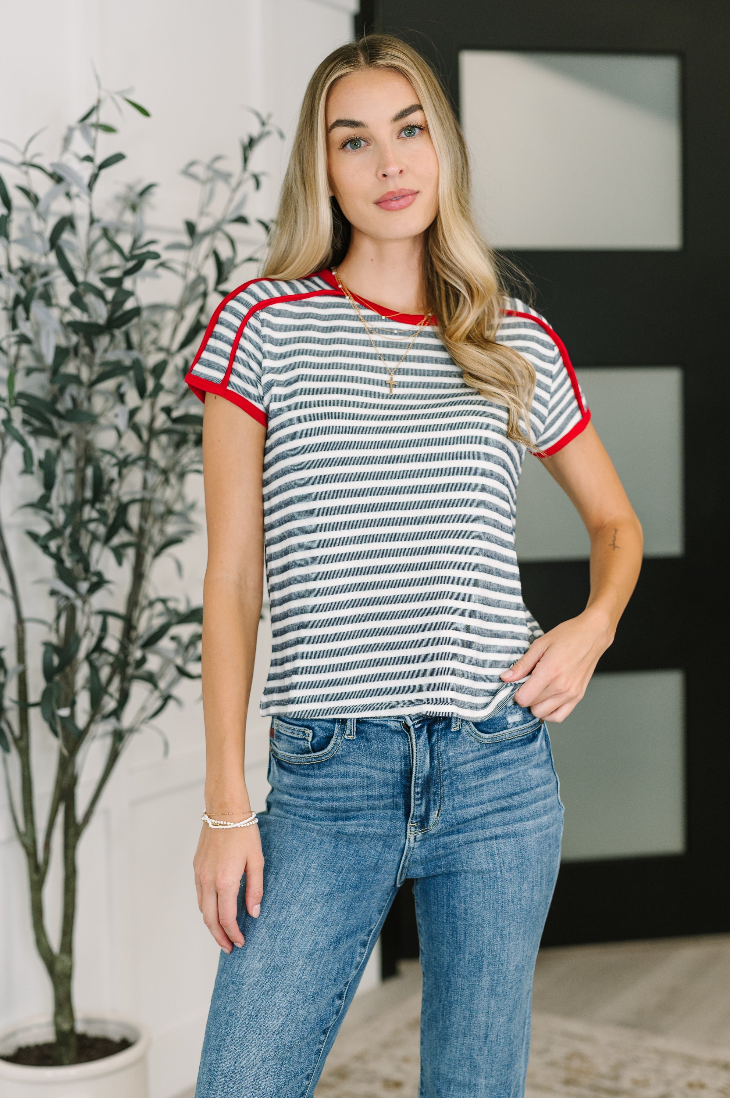 Women's Striped Tee, French Terry Top, Navy White Stripes, Casual Summer Shirt, High Stretch Knit, Red Trim Tee, Nautical Style Shirt, Comfortable Casual Wear.