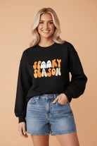 Halloween sweatshirt, Spooky Season sweater, ghost embroidery, black fall pullover, autumn aesthetic clothing, festive women's tops, cozy Halloween apparel.